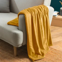 EMINZA Plaid doux flanelle (125 x 150 cm) Didou Jaune moutarde Discount