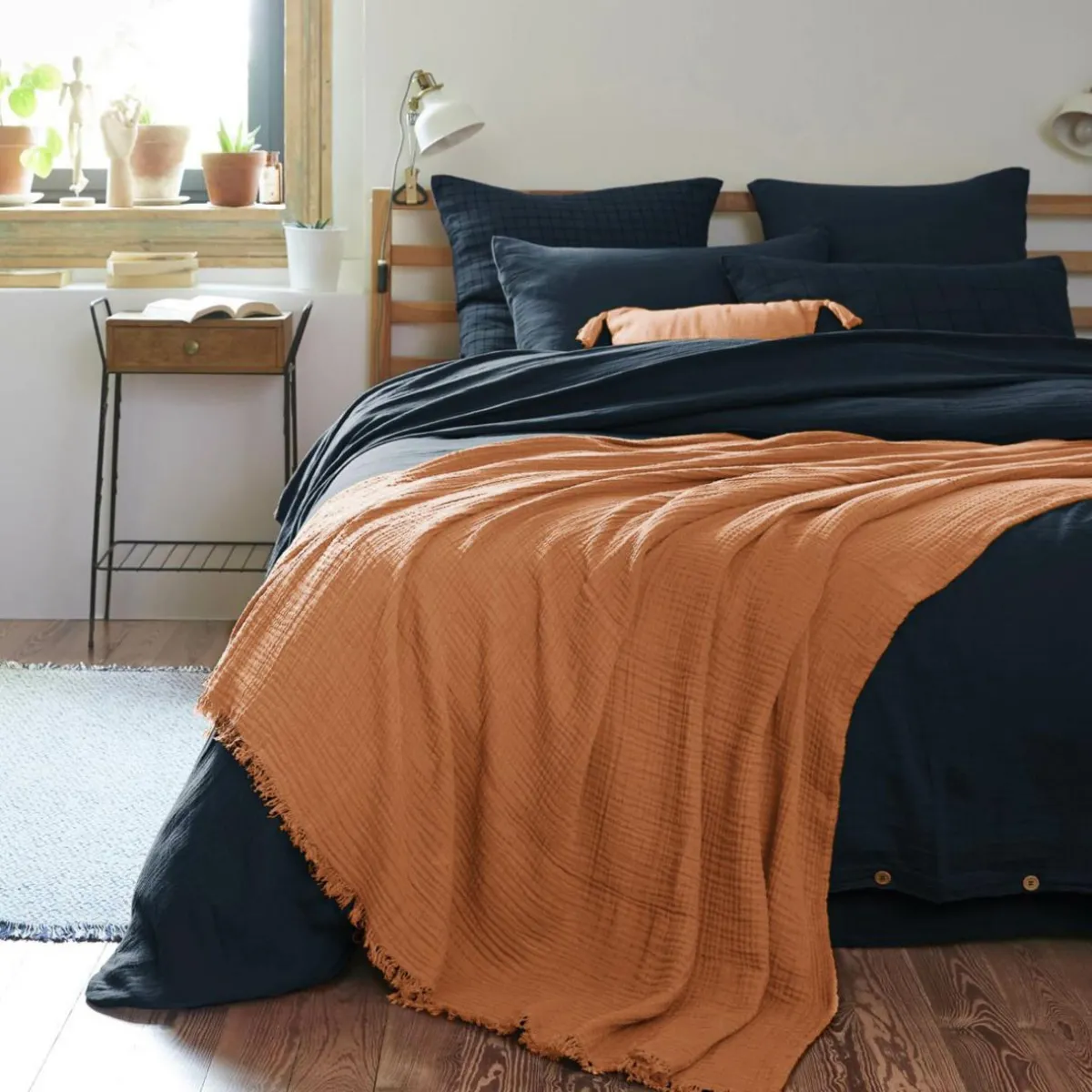EMINZA Plaid gaze de coton (180 x 220 cm) Gaïa Abricot Discount