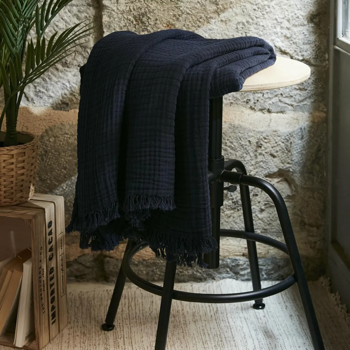 EMINZA Plaid gaze de coton (130 x 160 cm) Gaïa Bleu nuit
