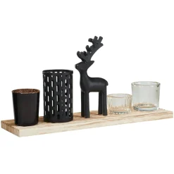 KOOPMAN Plateau décoratif 4 photophores Magie de Noël Bois et Noir Outlet