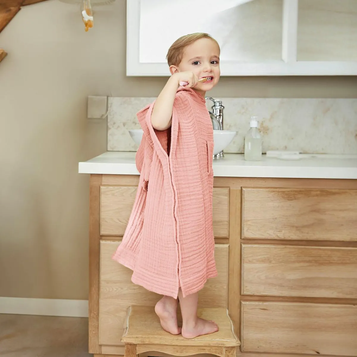 EMINZA Poncho de bain enfant gaze de coton 2/5 ans Gaïa Rose Pêche New
