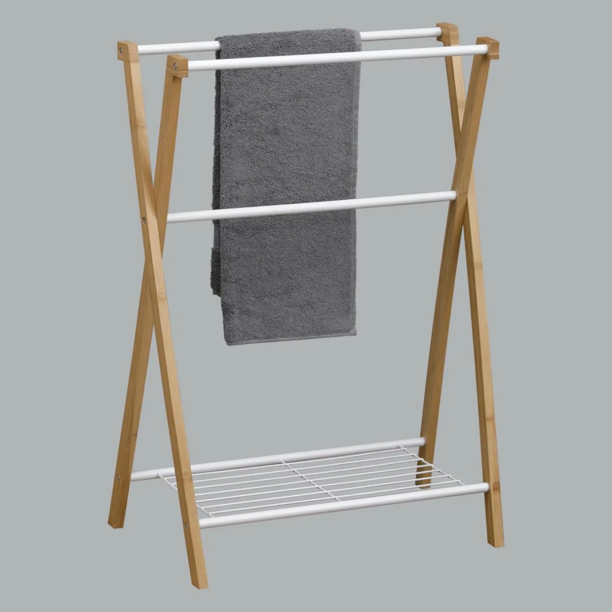 TENDANCE Porte serviette 3 barres + 1 étagère (H86 cm) Bambou Blanc Online