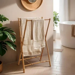 EMINZA Porte serviette pliable canne de bambou 2 barres (H86 cm) Hanoï Naturel Best