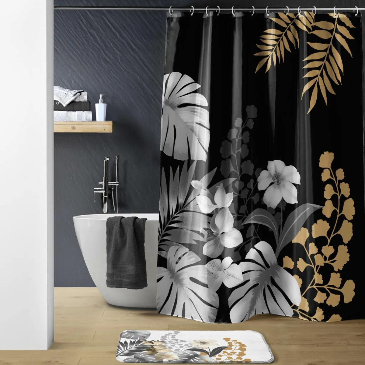 douceur d'intu017drieur Rideau de douche à anneaux (180 x 200 cm) Kelly Noir Clearance