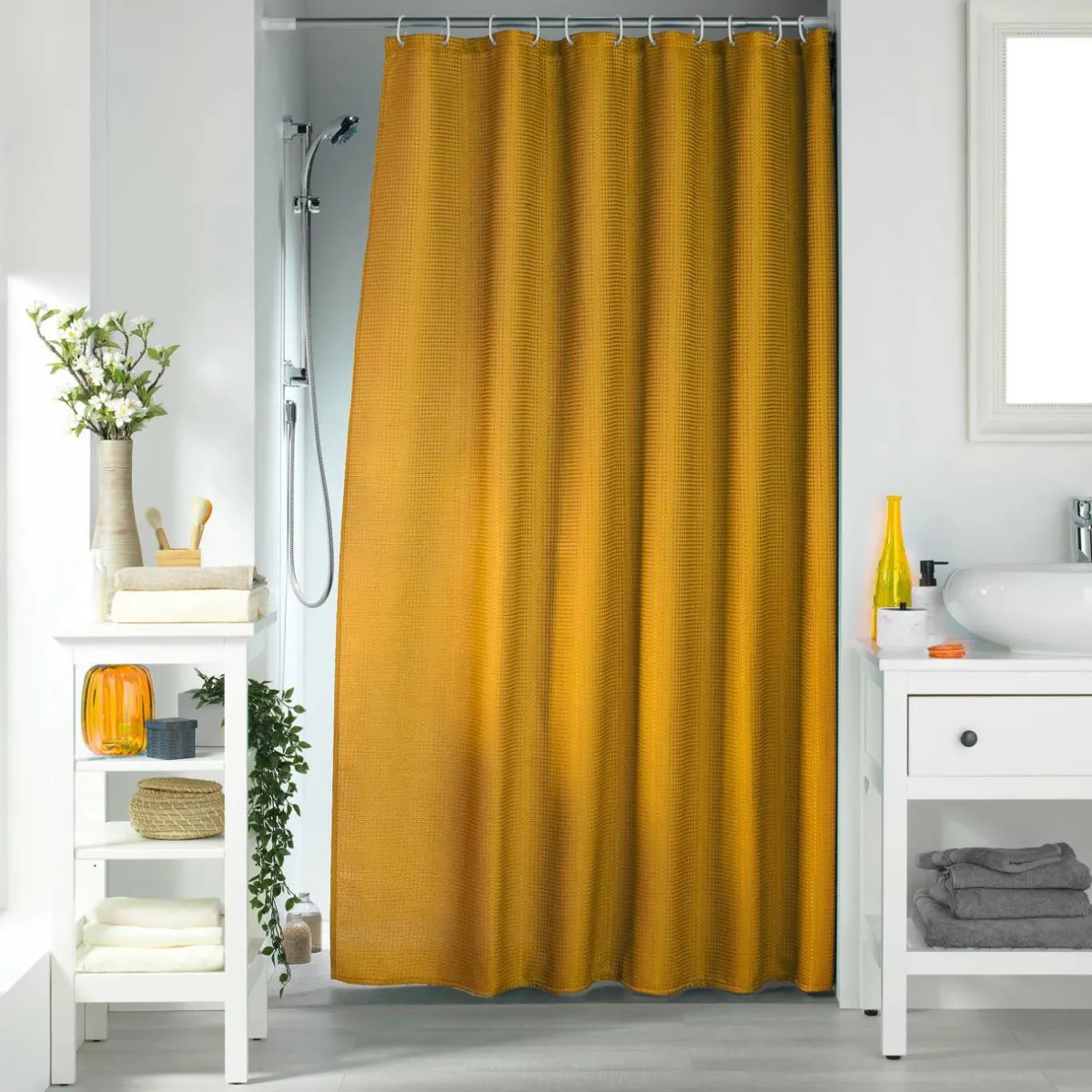 douceur d'intu017drieur Rideau de douche effet tissé à anneaux (180 x 200 cm) Quartz Jaune ocre Outlet