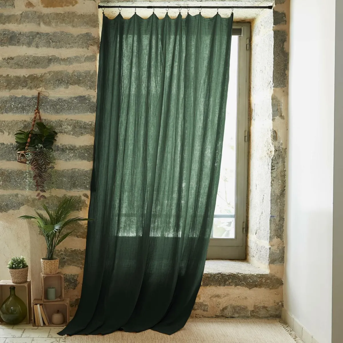 EMINZA Rideau gaze de coton ajustable (180 x 300 cm) Gaïa Vert sapin