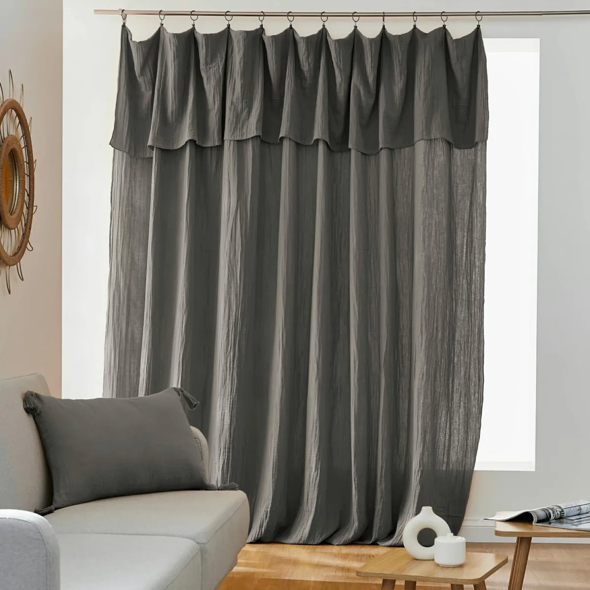 EMINZA Rideau gaze de coton ajustable (280 x max 300 cm) Gaïa Gris granit Gris foncé Discount