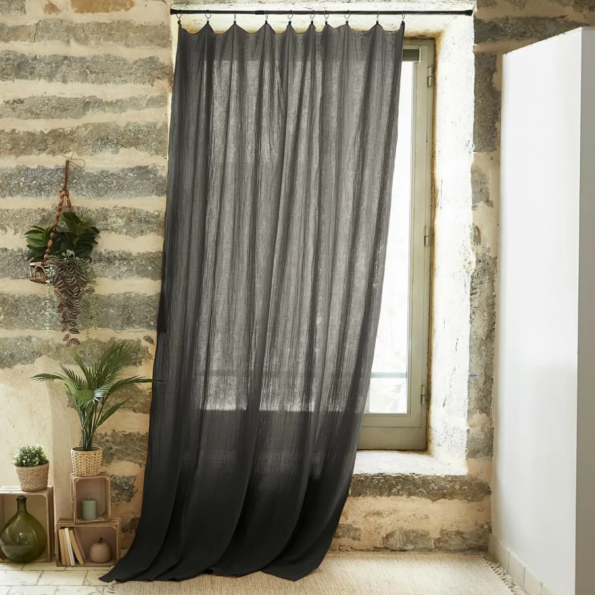 EMINZA Rideau gaze de coton ajustable (180 x max 300 cm) Gaïa Gris granit Gris foncé Best