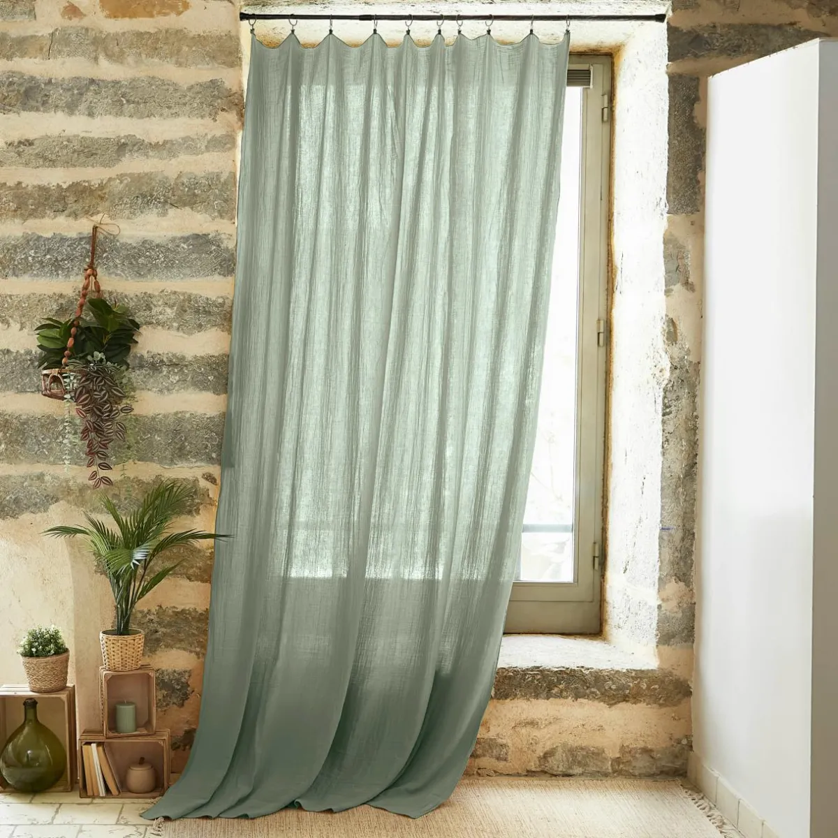 EMINZA Rideau gaze de coton ajustable (140 x max 300 cm) Gaïa Vert Eucalyptus Online