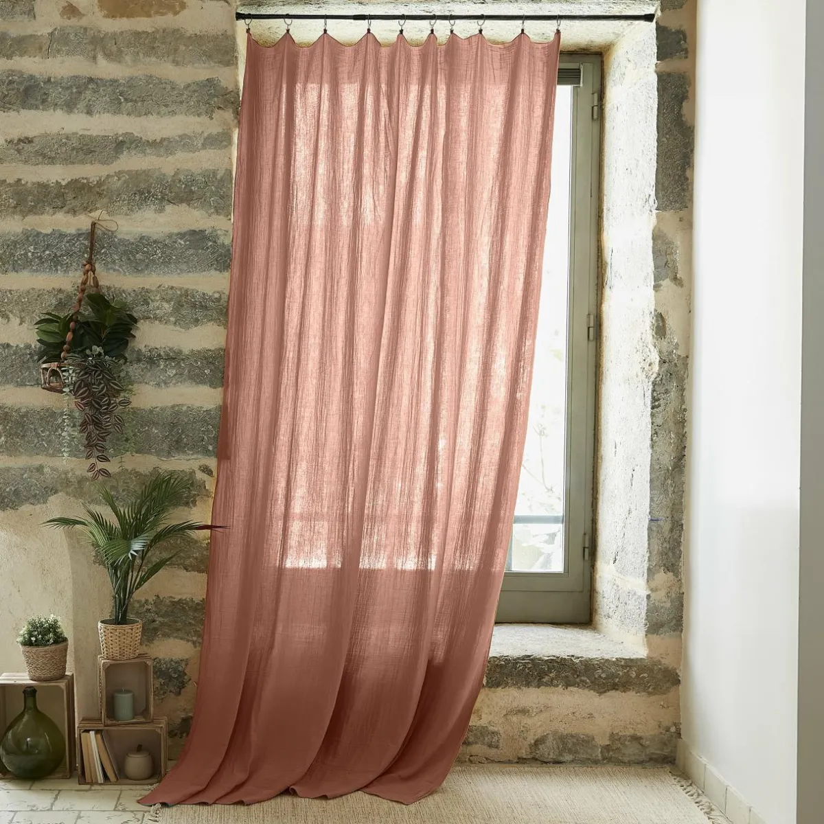 EMINZA Rideau gaze de coton ajustable (140 x max 300 cm) Gaïa Rose Pêche Clearance