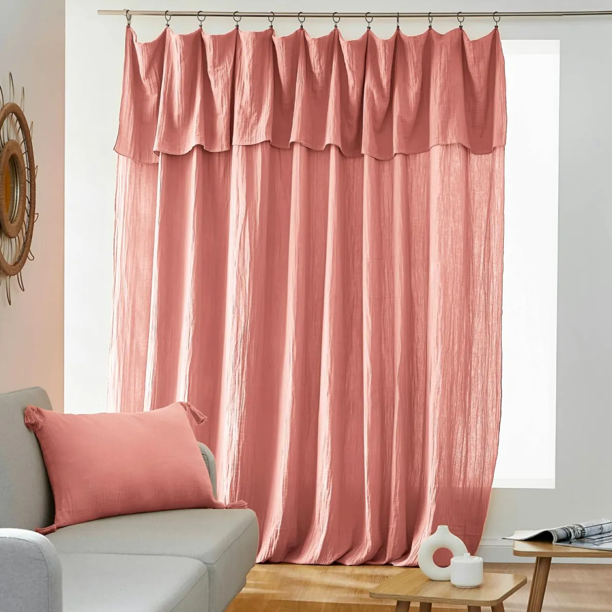 EMINZA Rideau gaze de coton ajustable (280 x max 300 cm) Gaïa Rose Pêche New