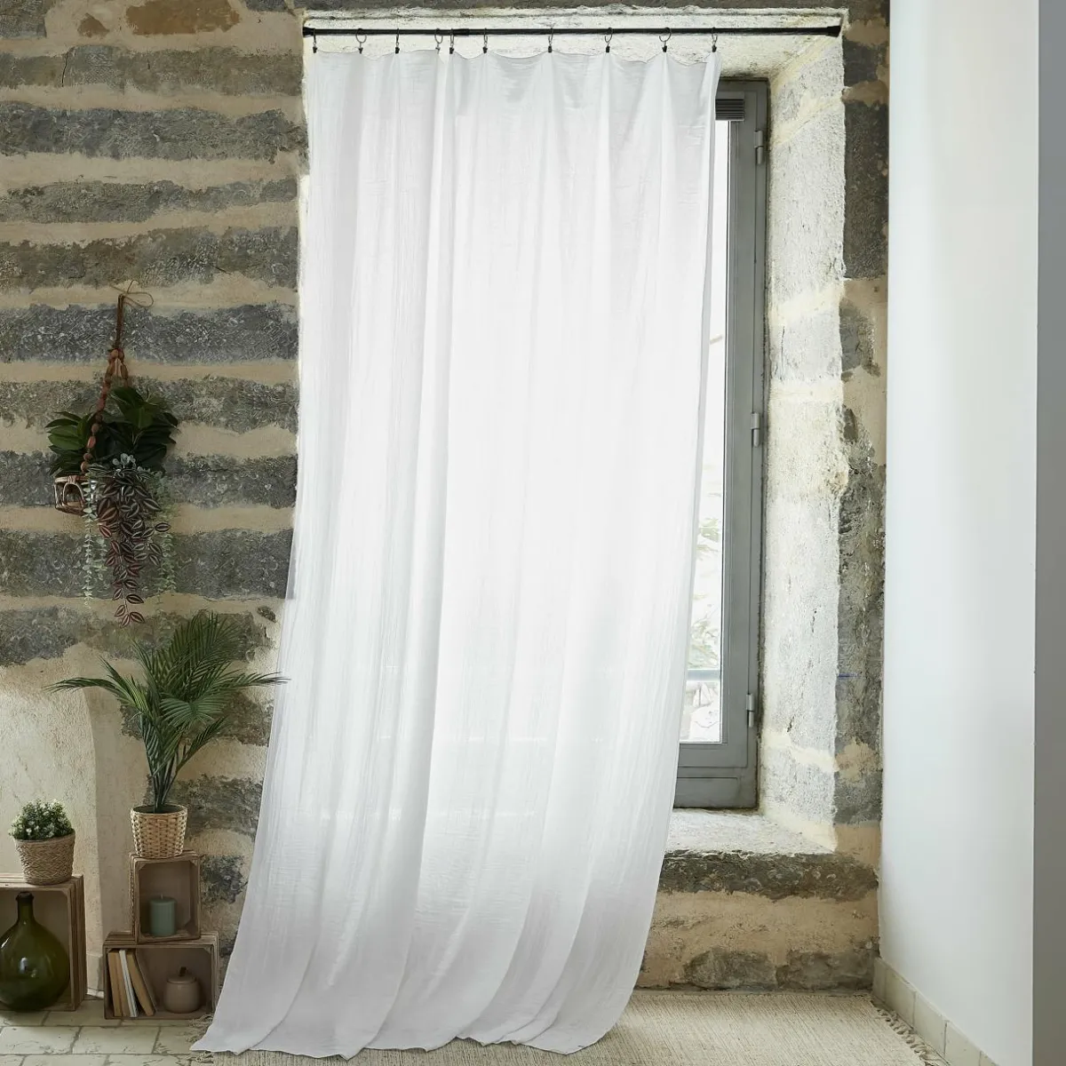 EMINZA Rideau gaze de coton ajustable (180 x max 300 cm) Gaïa chantilly Blanc Discount