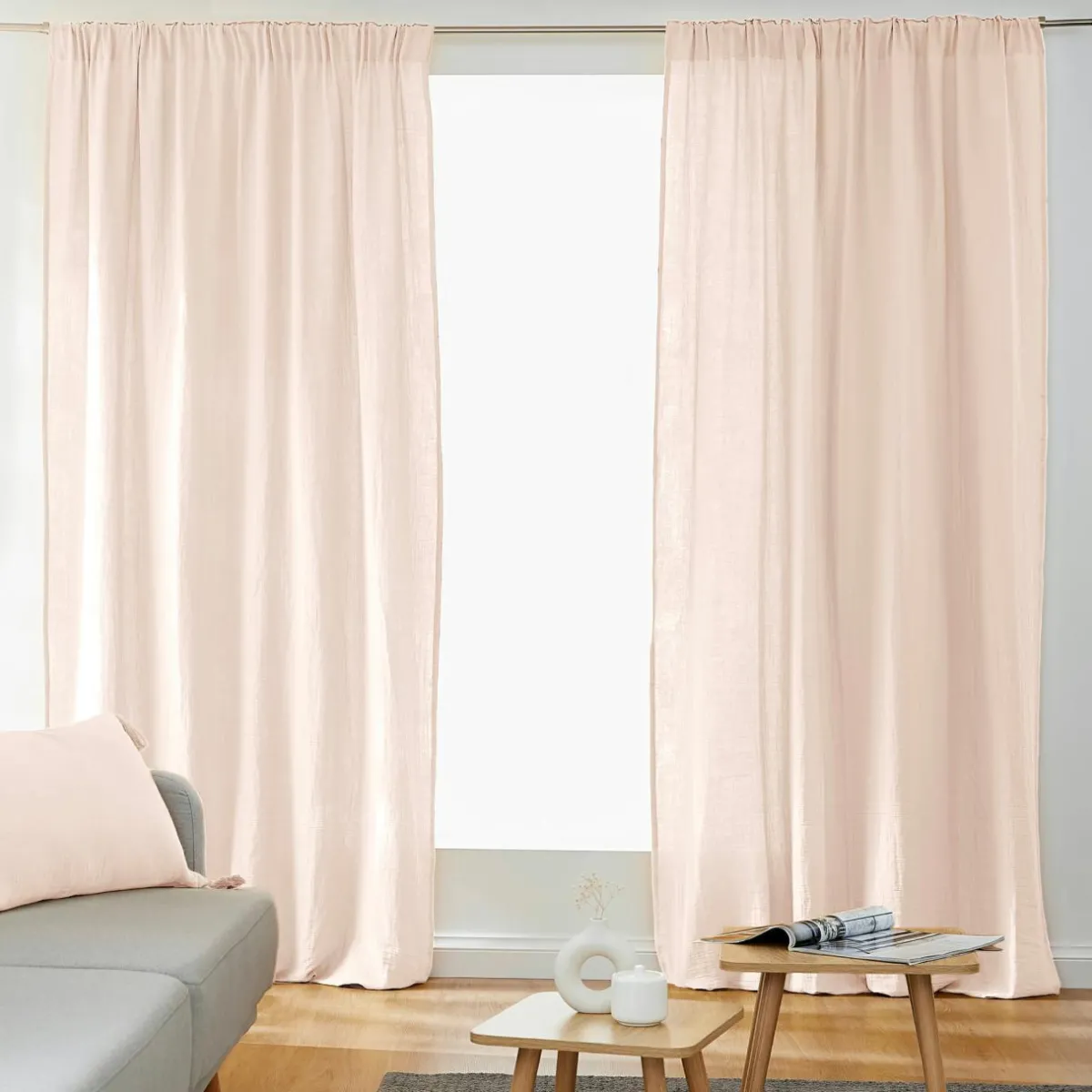 EMINZA Rideau gaze de coton galon fronceur (180 x 240 cm) Gaïa Rose poudré Sale