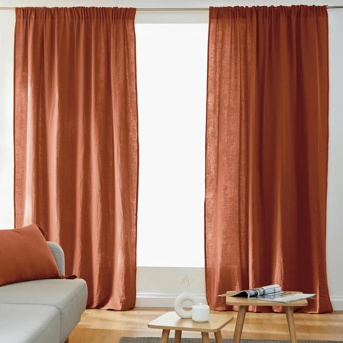 EMINZA Rideau gaze de coton galon fronceur (180 x 240 cm) Gaïa Terracotta Discount