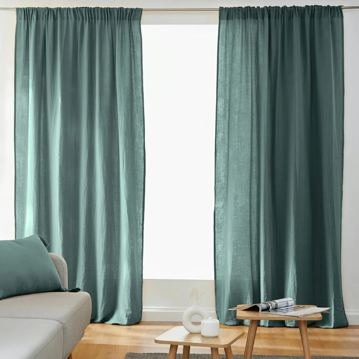 EMINZA Rideau gaze de coton galon fronceur (140 x 240 cm) Gaïa Bleu canard Discount