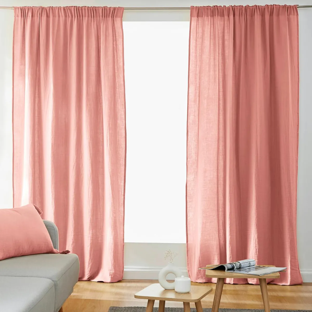 EMINZA Rideau gaze de coton galon fronceur (140 x 240 cm) Gaïa Rose Pêche