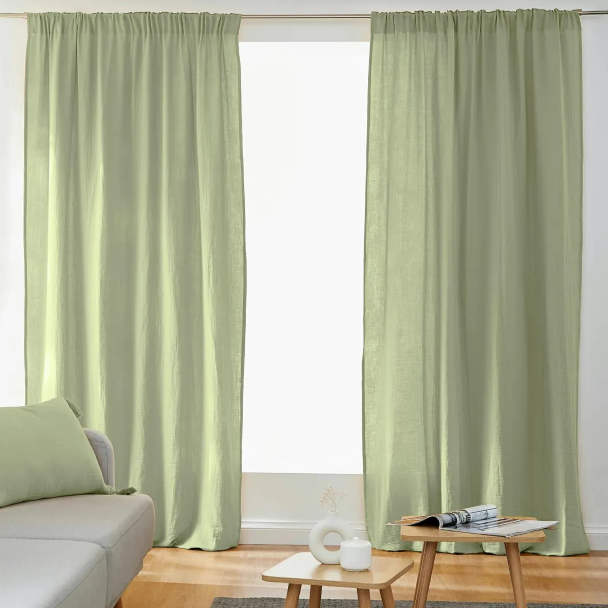 EMINZA Rideau gaze de coton galon fronceur (180 x 240 cm) Gaïa Vert tilleul