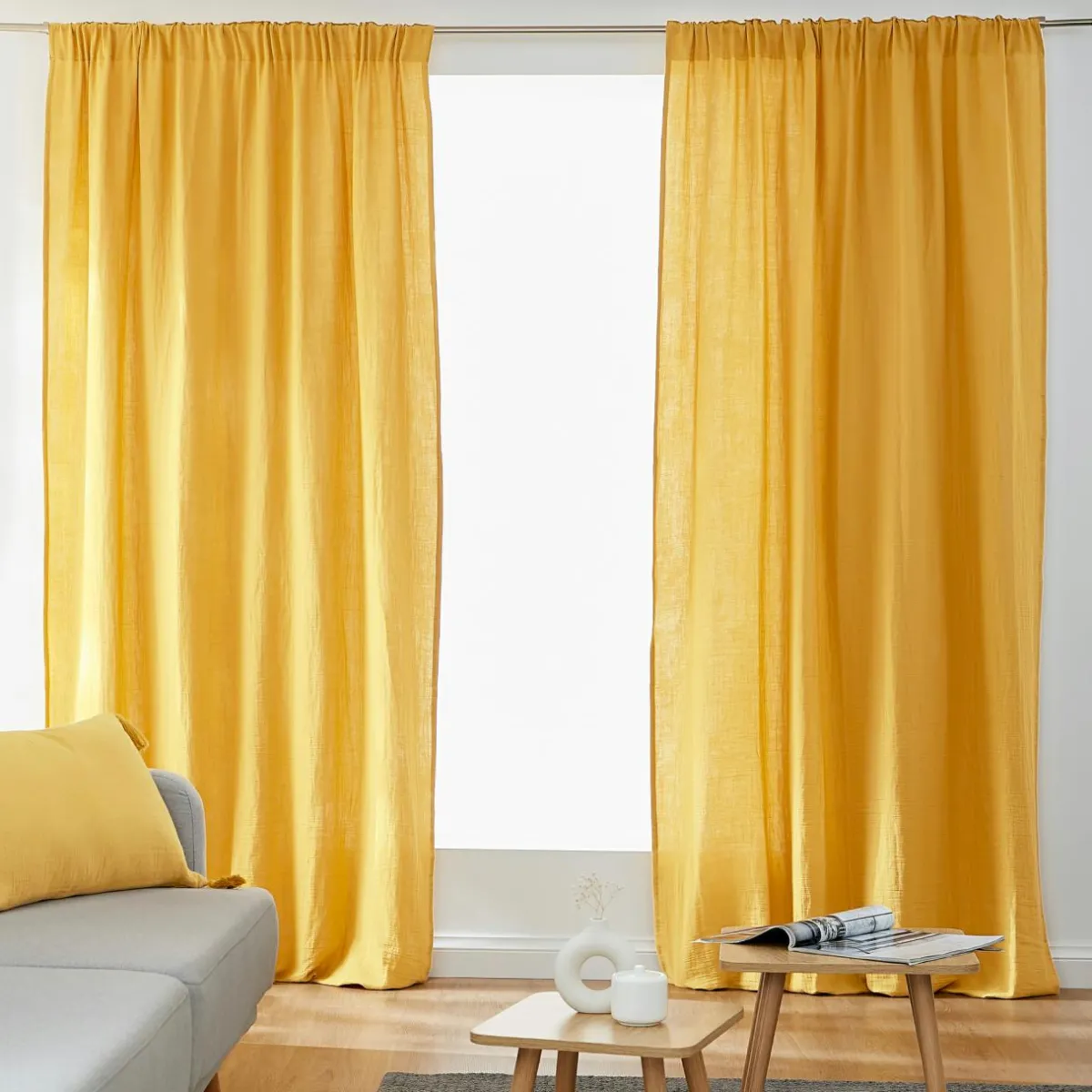 EMINZA Rideau gaze de coton galon fronceur (180 x 240 cm) Gaïa Jaune safran Outlet