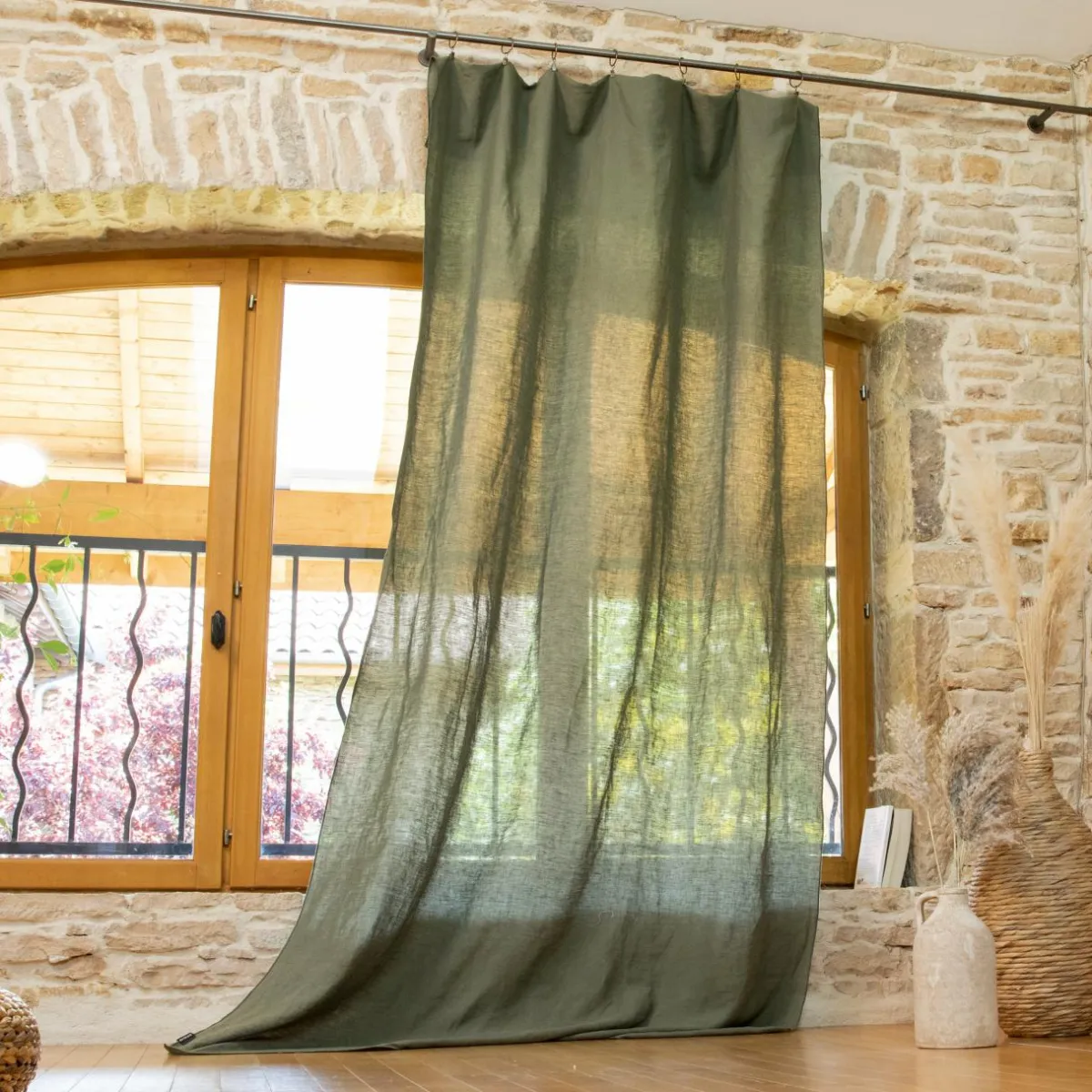 EMINZA Rideau lin lavé ajustable (140 x max 270 cm) Louise Vert romarin