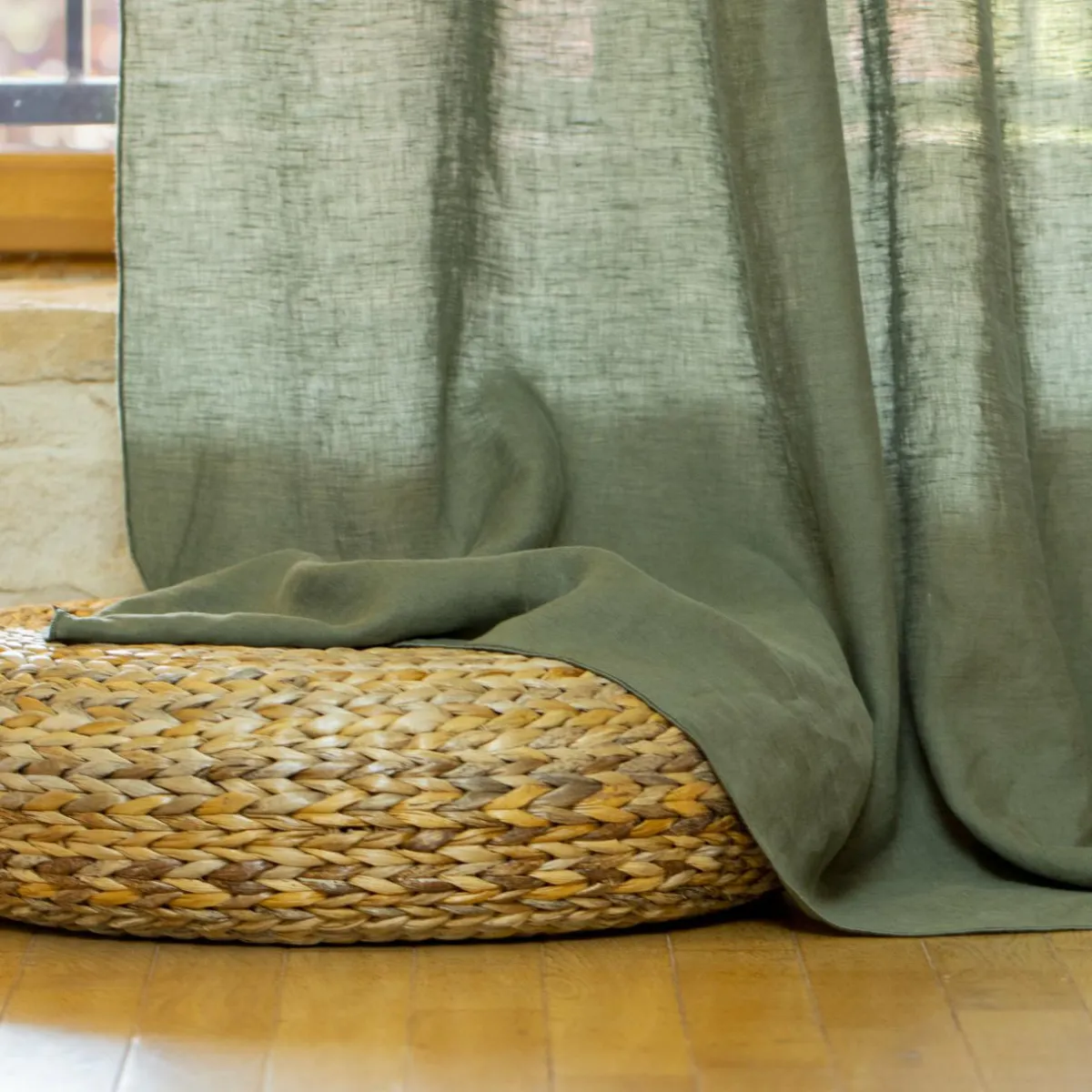 EMINZA Rideau lin lavé ajustable (140 x max 270 cm) Louise Vert romarin