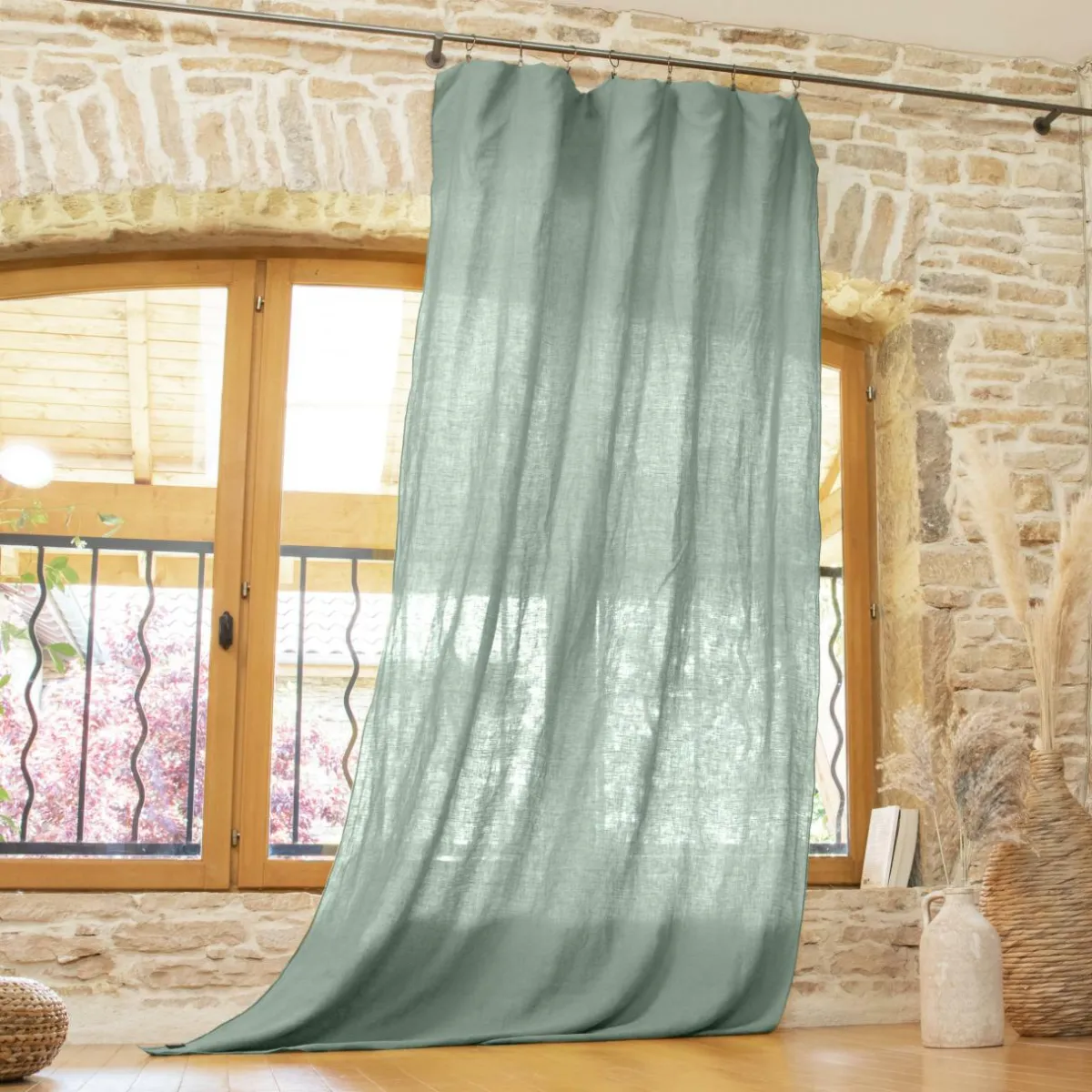 EMINZA Rideau lin lavé ajustable (140 x max 270 cm) Louise Vert Eucalyptus Hot