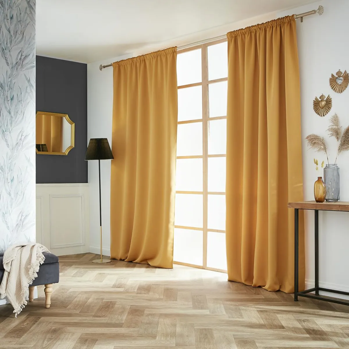 EMINZA Rideau obscurcissant galon fronceur (140 x 260 cm) Dark Jaune moutarde