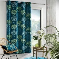 DOUCEUR D'INTERIEUR Rideau oeillets (140 X 260 cm) Blue Vegetal Bleu New