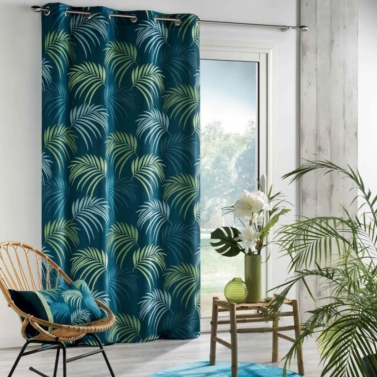 DOUCEUR D'INTERIEUR Rideau oeillets (140 X 260 cm) Blue Vegetal Bleu New