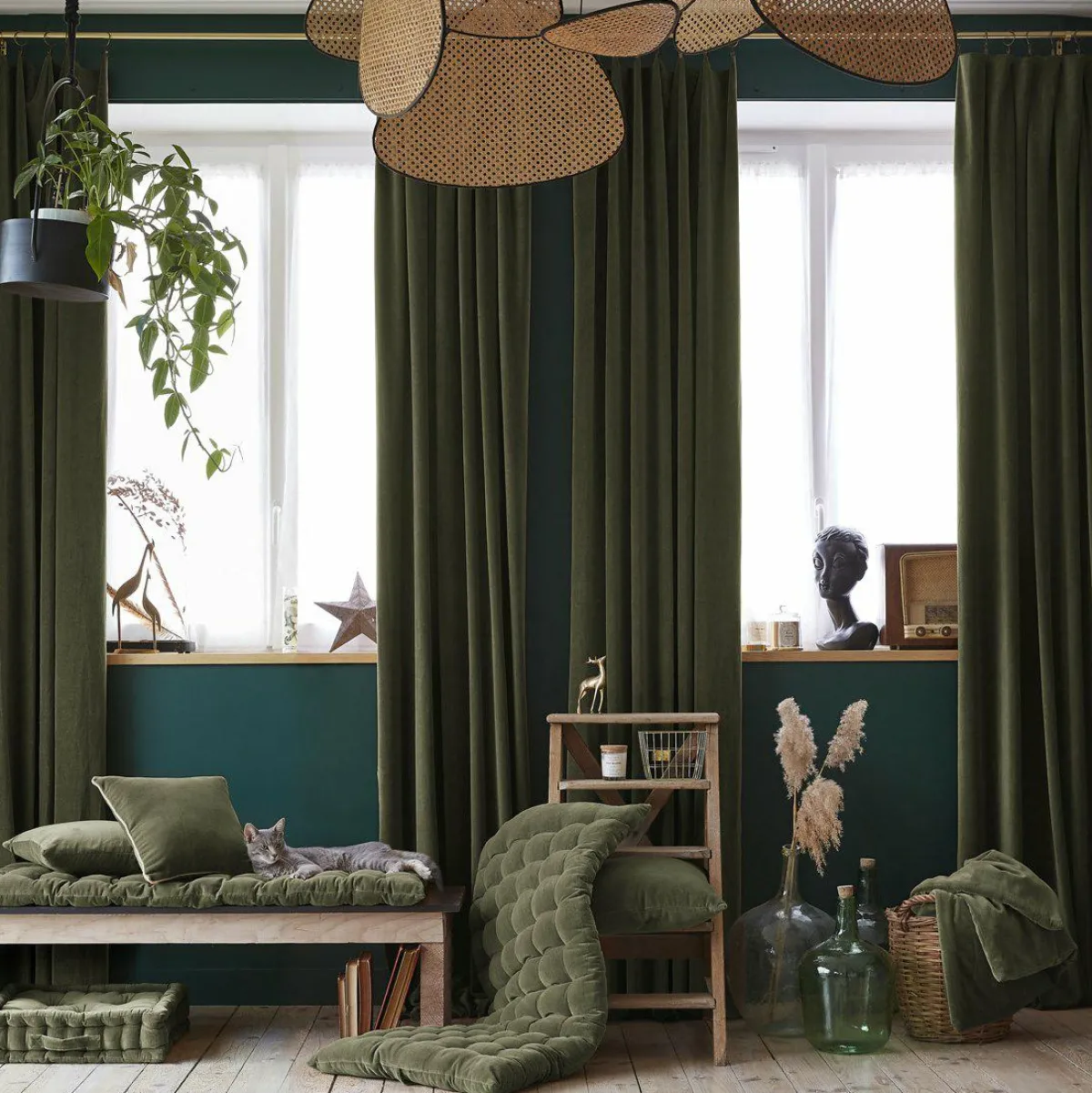 EMINZA Rideau velours de coton ajustable (140 x max 270 cm) Victor thym Vert Discount