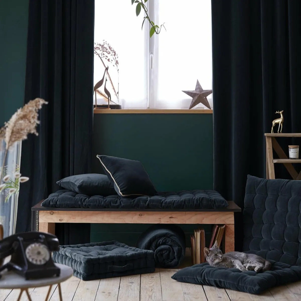 EMINZA Rideau velours de coton ajustable (140 x max 270 cm) Victor Bleu nuit Outlet