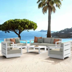 MOBELLIA Salon de jardin aluminium 7 places 5 pcs Elba Blanc et taupe Blanc - Taupe Best