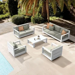 MOBELLIA Salon de jardin aluminium 7 places 5 pcs Elba Blanc et taupe Blanc - Taupe Best