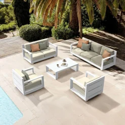 MOBELLIA Salon de jardin aluminium 7 places 5 pcs Elba Blanc et beige Blanc - Beige Outlet