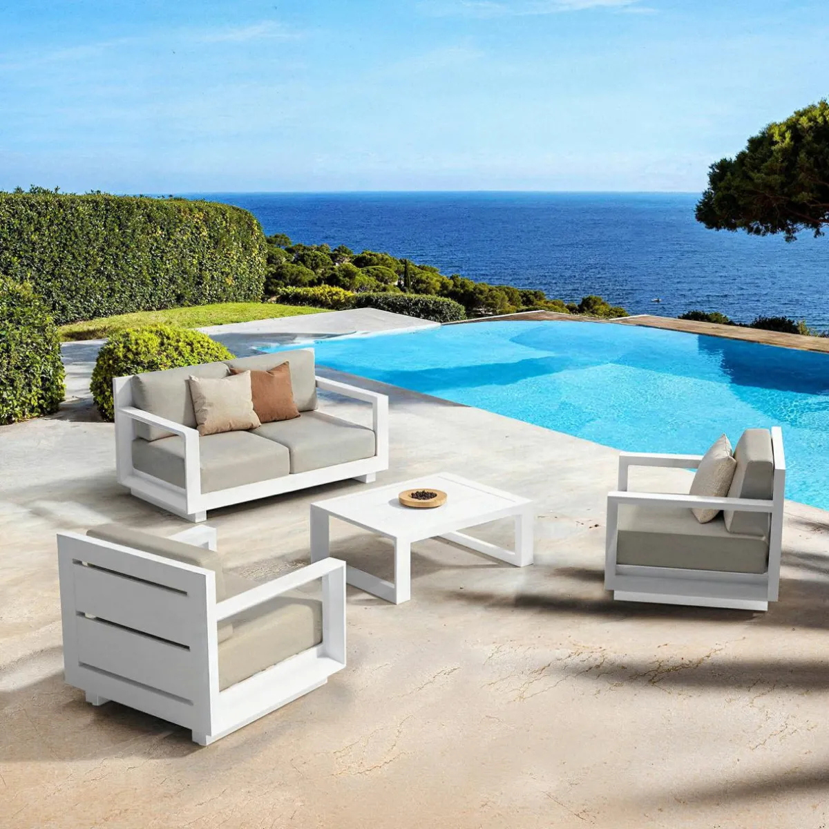 MOBELLIA Salon de jardin aluminium 4 places 4 pcs Elba Blanc et taupe Blanc - Taupe Clearance