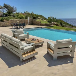 MOBELLIA Salon de jardin aluminium et bois teck 5 places Antibes Crème Beige Discount