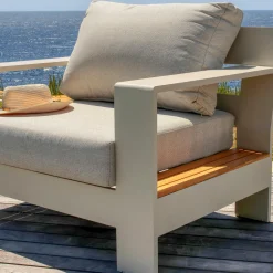 MOBELLIA Salon de jardin aluminium et bois teck 5 places Antibes Crème Beige Discount