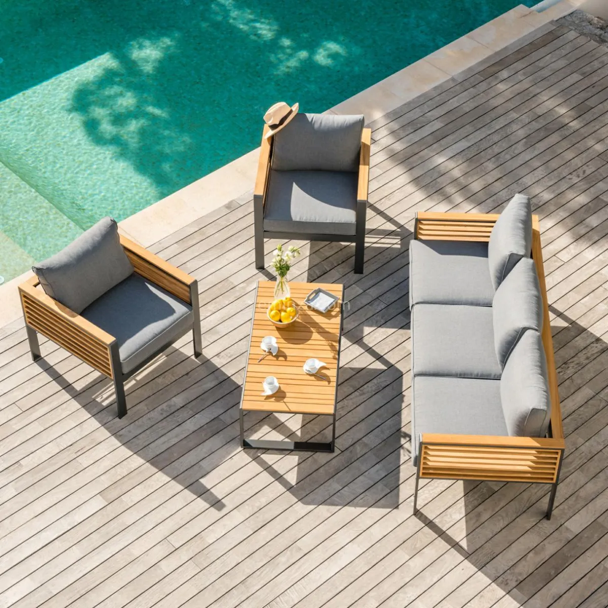 MOBELLIA Salon de jardin aluminium et bois teck 5 places Bali Gris et ardoise Anthracite Clearance