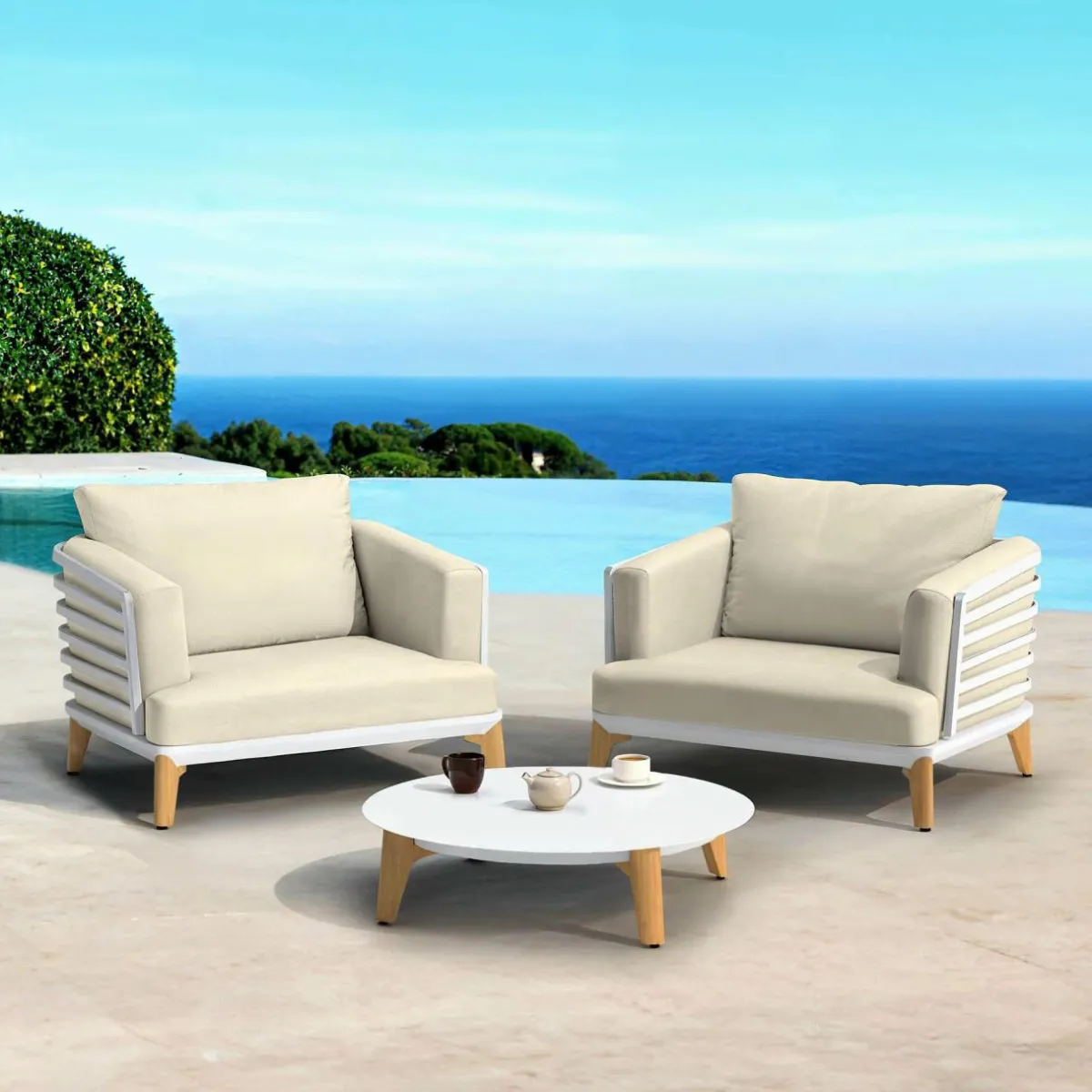 MOBELLIA Salon de jardin aluminium 2 places 3 pcs Monte Carlo Blanc et beige Blanc - Beige New