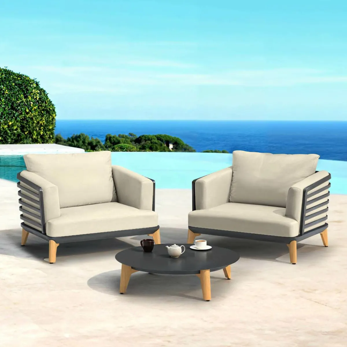 MOBELLIA Salon de jardin aluminium 2 places 3 pcs Monte Carlo Gris anthracite et beige Anthracite - Beige Discount