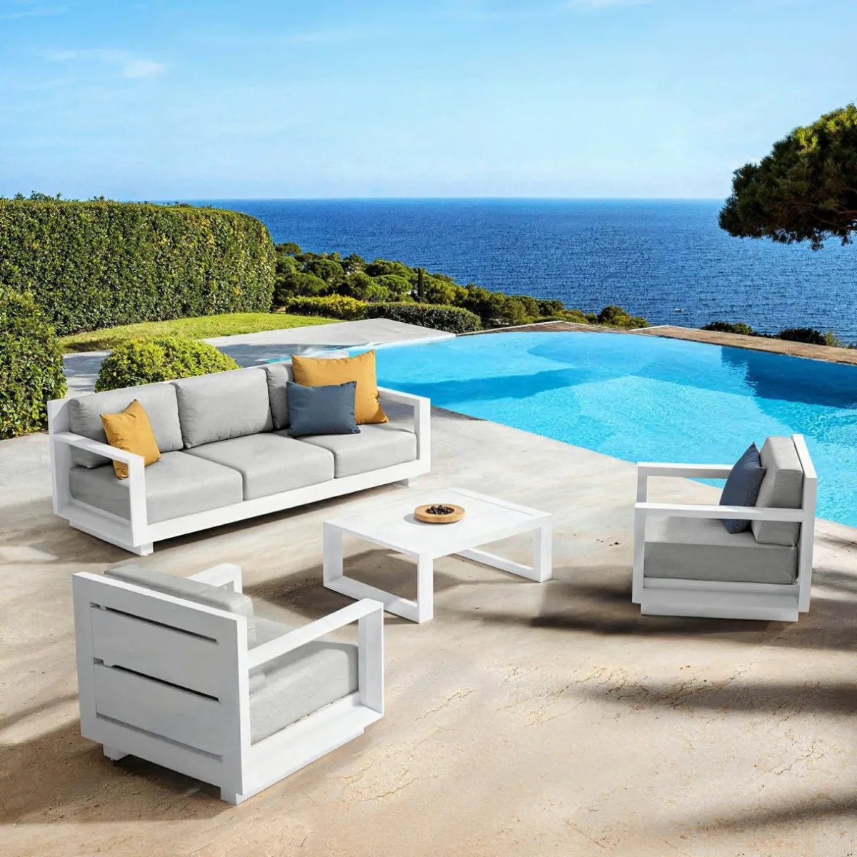 MOBELLIA Salon de jardin aluminium 5 places 4 pcs Elba Blanc et gris clair Blanc - Gris Clair