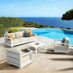 MOBELLIA Salon de jardin aluminium 5 places 4 pcs Elba Blanc et beige Blanc - Beige New