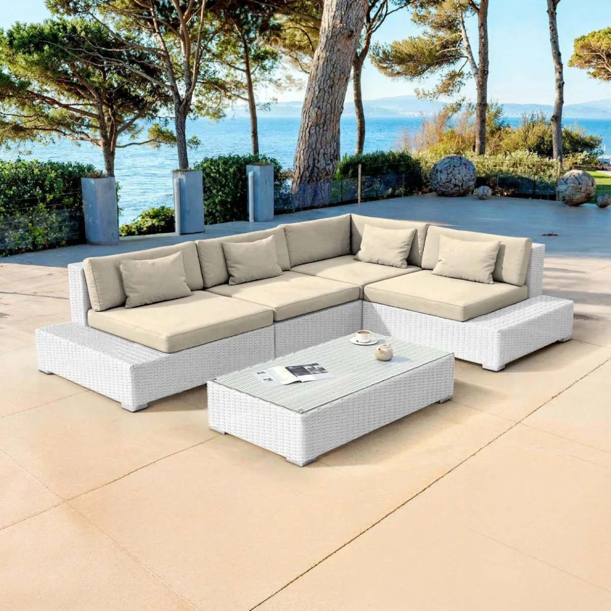 MOBELLIA Salon de jardin d'angle en résine tressée 5 places Palma Blanc et beige Tresse Blanc - Beige Hot