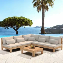 MOBELLIA Salon de jardin d'angle en bois d'acacia 6 places 5 pcs Borneo Sable Hot