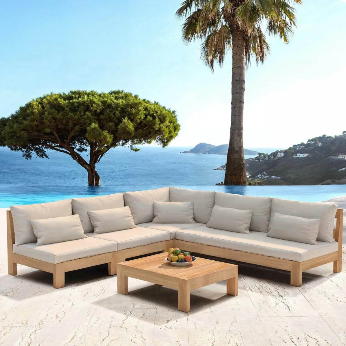 MOBELLIA Salon de jardin d'angle en bois d'acacia 6 places 5 pcs Borneo Sable Hot