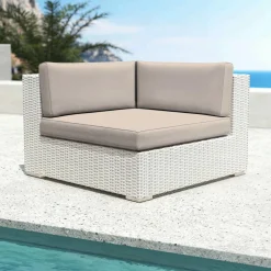 MOBELLIA Salon de jardin d'angle en résine tressée 5 places Palma Blanc et taupe Tressé Blanc - Taupe New