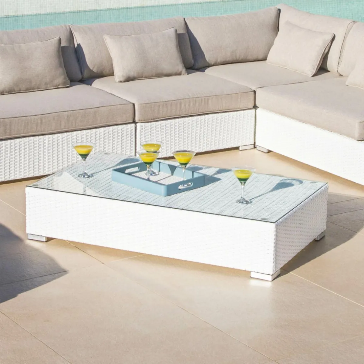 MOBELLIA Salon de jardin d'angle en résine tressée 5 places Palma Blanc et taupe Tressé Blanc - Taupe New
