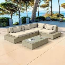 MOBELLIA Salon de jardin d'angle en résine tressée 5 places Palma Gris et beige Tresse Gris - Beige Sale