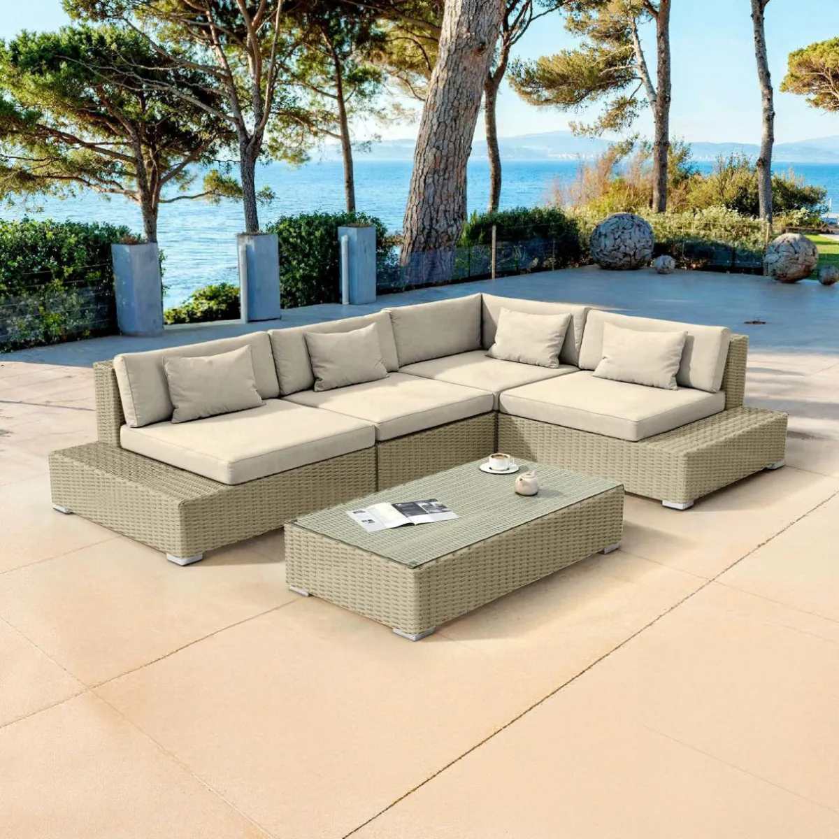 MOBELLIA Salon de jardin d'angle en résine tressée 5 places Palma Gris et beige Tresse Gris - Beige Sale