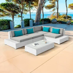 MOBELLIA Salon de jardin d'angle en résine tressée 5 places Palma Blanc et gris Tresse Blanc - Gris New