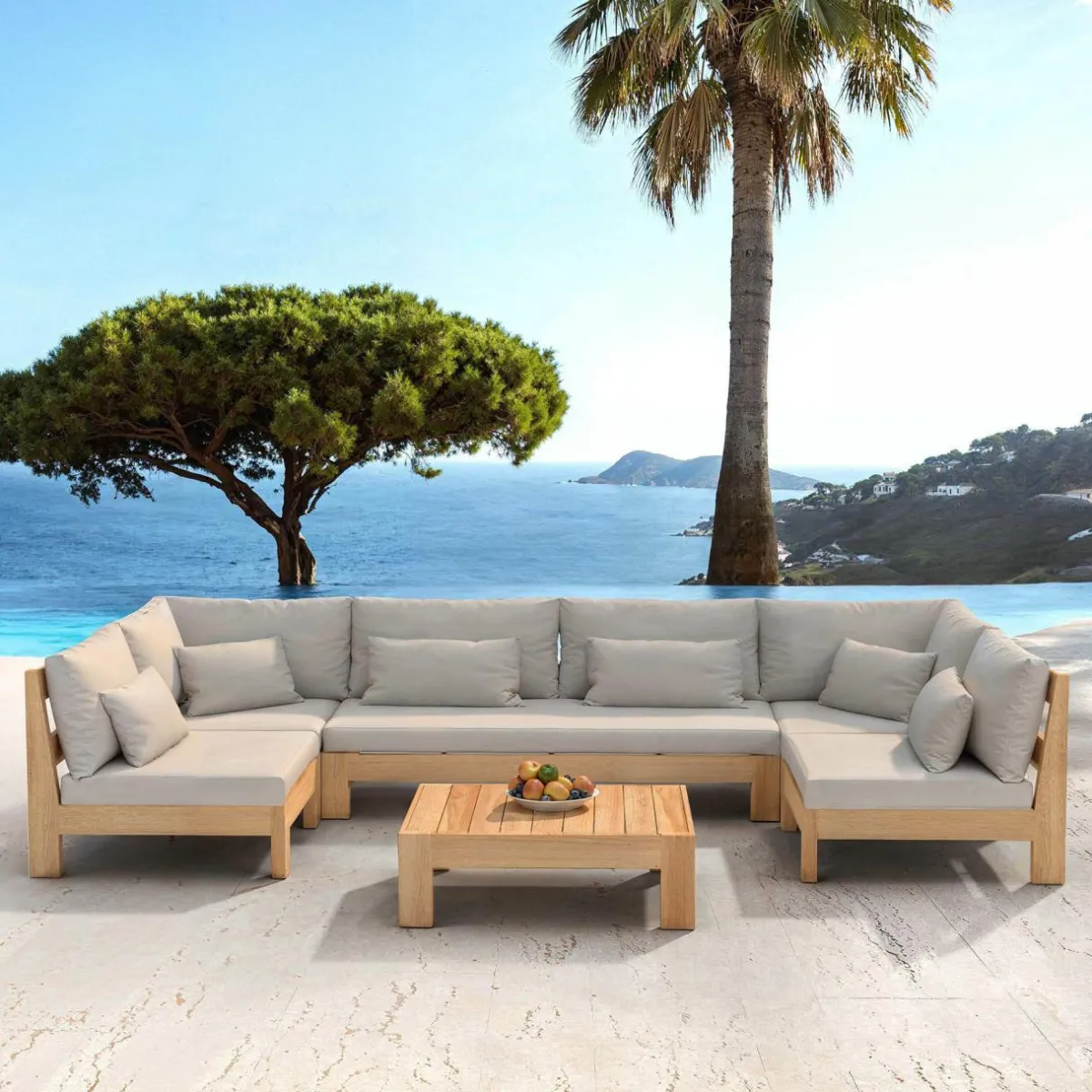 MOBELLIA Salon de jardin d'angle en bois d'acacia 7 places 6 pcs Borneo Sable Hot